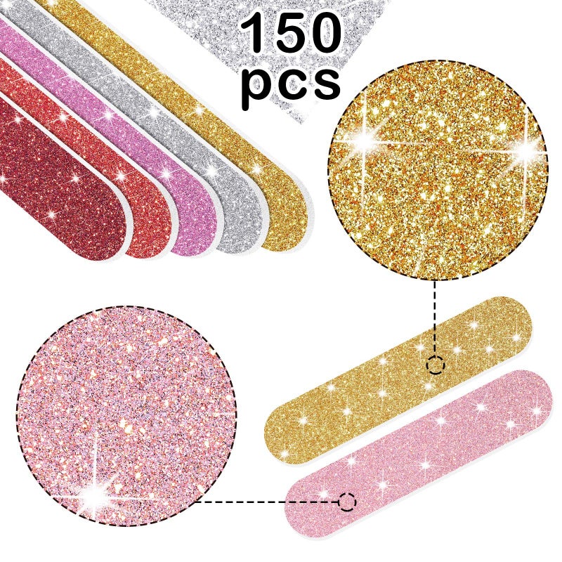 Mudder 150 Pieces Disposable Mini Nail Files Bulk Double Sided Emery Small Colorful Nail Files for Home Salon Use (Glitter Style) - Image 3